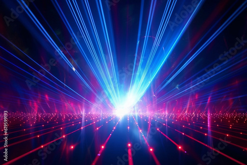 Energetic atmosphere with sparkling blue and red rays at the disco. Generative AI