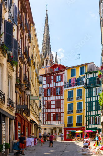 Half-timbered houses in Bayonne city center. France