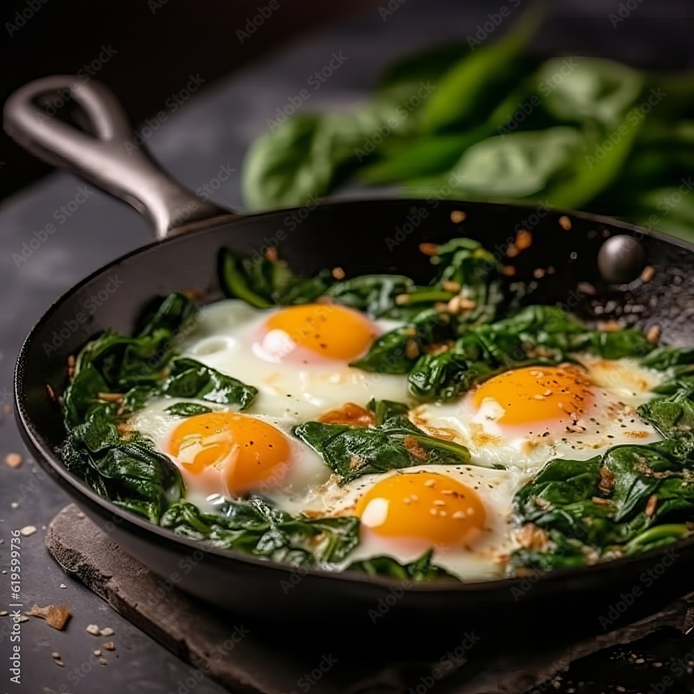 Fried eggs with spinach greens in a pan, protein food, low calorie breakfast. Generative AI
Fried eggs with spinach greens in a pan, protein food, low calorie breakfast. Generative AI