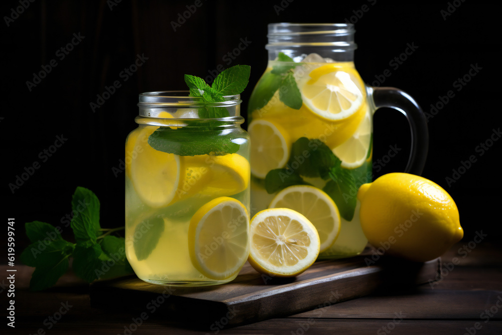 Lemonade or mojito cocktail with lemon and mint, cold refreshing drink,ai generated Lemonade or mojito cocktail with lemon and mint, cold refreshing drink,ai generated