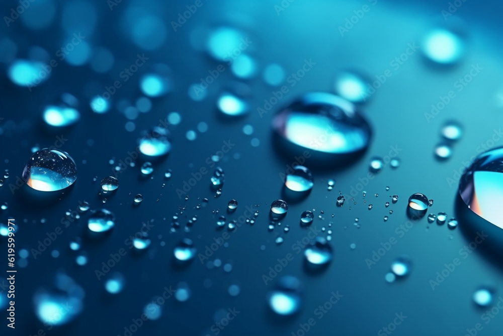 Glistening water droplets on deep blue background with gradient and highlights. Generative AI