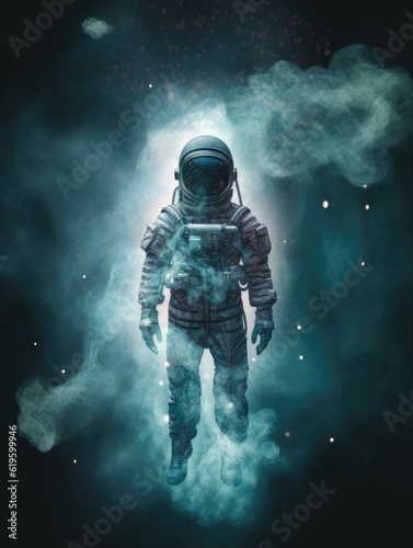 Astronaut emerging from smoke with swirling background and sparkling particles, space walk, AI