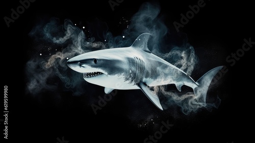 Shark immerging from smoke with swirling background and sparkling particles, AI