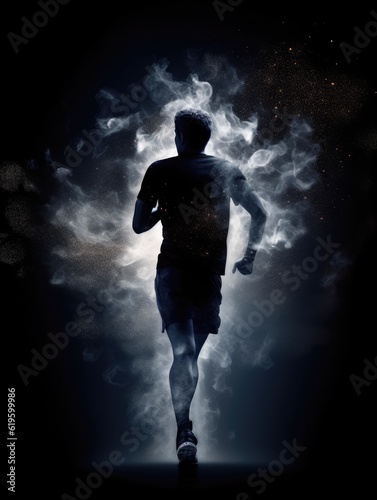 runner silhouette emerging from smoke with swirling background and sparkling particles, AI