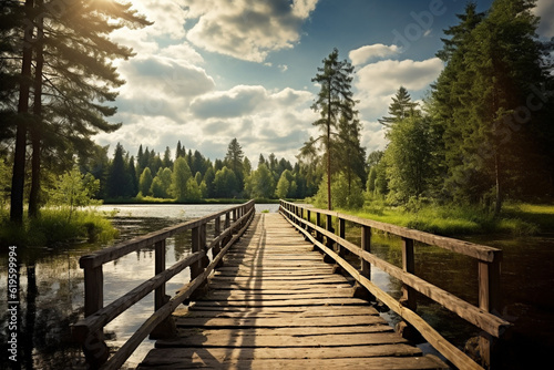 Old wooden bridge over the river, landscape. High quality photo © Starmarpro