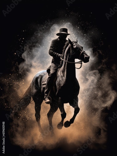 Cowboy on a horse in smoke with swirling background and sparkling particles, AI © Michael
