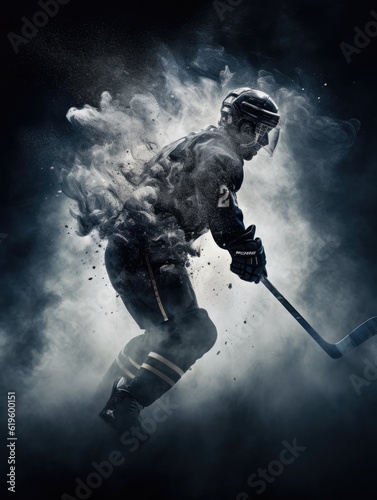Hockey player in smoke with swirling background and sparkling particles, AI