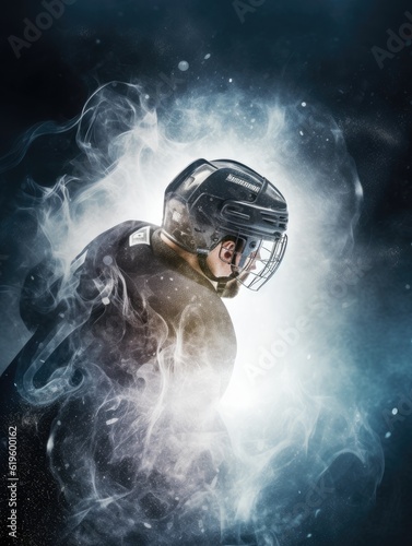 Hockey player in smoke with swirling background and sparkling particles, AI