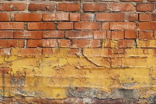Grungy seamless pattern texture featuring an aged yellow and red brick wall. Generative AI