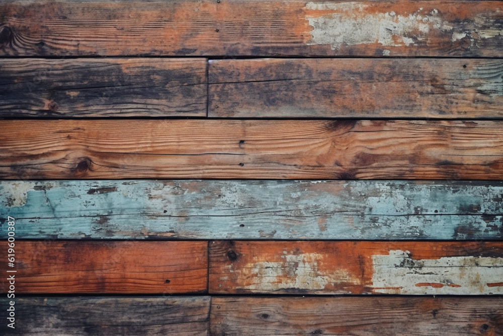 Grungy, vibrant, aged timber backdrop with a pop of color. Generative AI Grungy, vibrant, aged timber backdrop with a pop of color. Generative AI