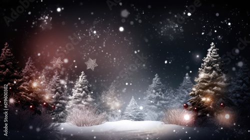 Christmas background of snowy scene of trees and snow falling from the sky for websites, banners, graphics and cards. Holiday web banner, winter, AI