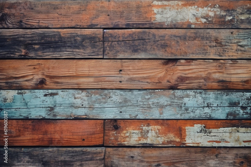 Grungy, vibrant, aged timber backdrop with a pop of color. Generative AI