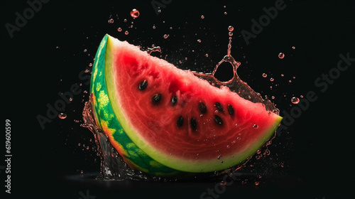 A chunk of watermelon on a black background with water droplets giving the impression of movement