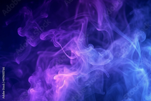 Illuminated smoke-filled darkness with captivating purple and blue searchlights. Generative AI