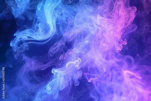 Illuminated smoke-filled darkness with captivating purple and blue searchlights. Generative AI