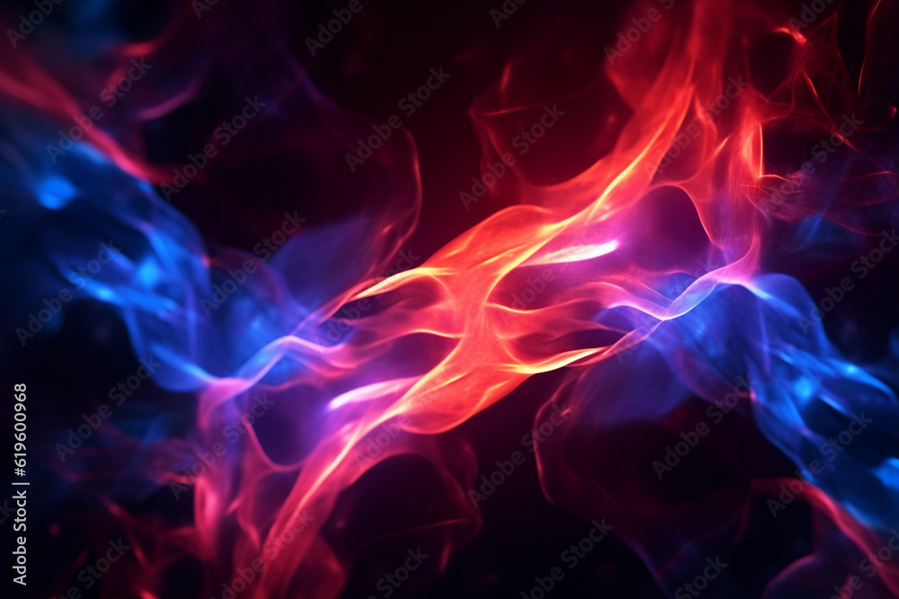 Intertwining red and blue flames mesmerize on a dark background. Generative AI