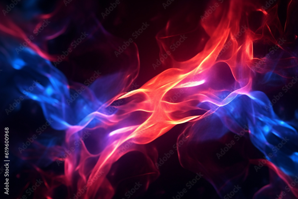 Intertwining red and blue flames mesmerize on a dark background. Generative AI Intertwining red and blue flames mesmerize on a dark background. Generative AI
