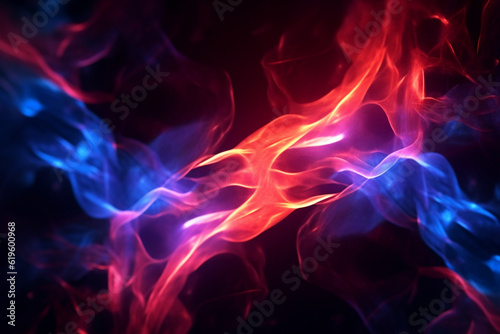 Intertwining red and blue flames mesmerize on a dark background. Generative AI