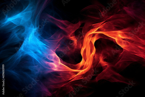 Intertwining red and blue flames mesmerize on a dark background. Generative AI