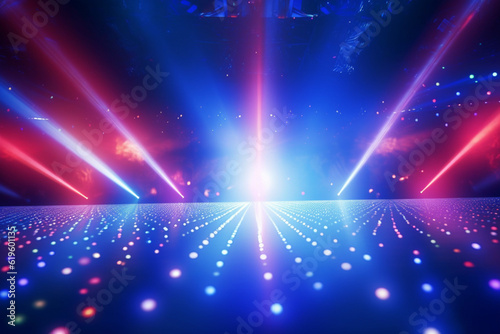 Lively disco scene with dazzling blue and red shining rays. Generative AI