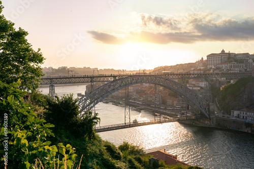 dom luiz brige in Porto on the riverside of Duero river cityscape at sunset from above