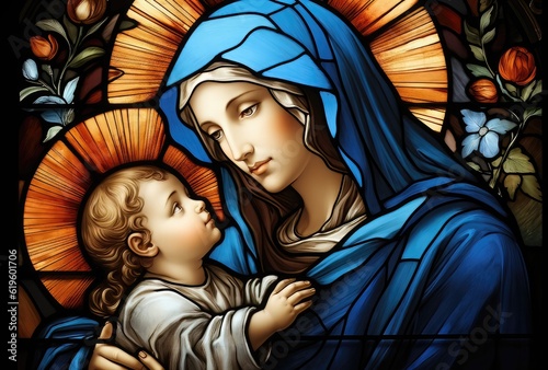Illustration in the style of a stained glass window with the image of the Madonna and child Jesus