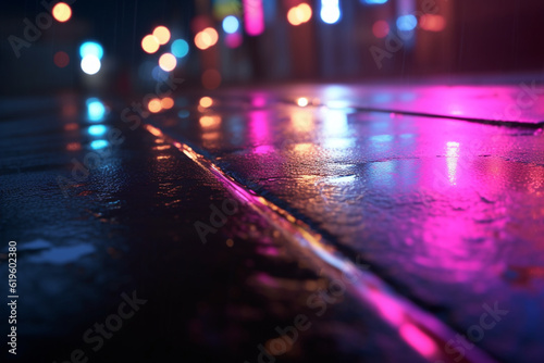 Reflections of neon lights, searchlight, and smoke on damp pavement. Generative AI
