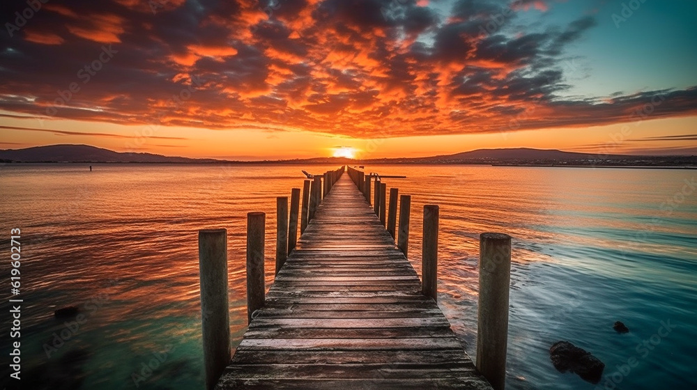 A long wooden jetty over water with a vibrant sunset. Tranquil beach image with no people. Holiday or vacation travel image.