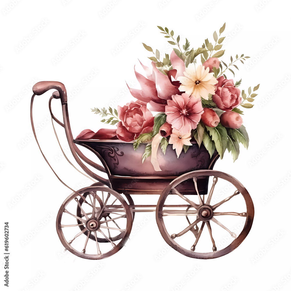 Vintage Pink Baby Stroller with flowers clipart on a white background. Isolated victorian tram for crafts, scrapbooking or art projects