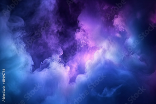 Serene darkness enveloped by purple and blue searchlights amidst smoke. Generative AI