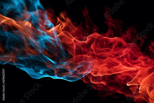 Striking red and blue fire emerges from the black backdrop. Generative AI