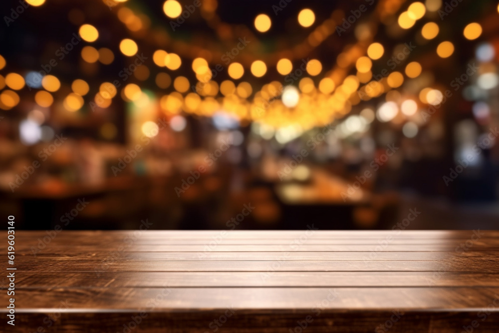Top of Wooden table with Blurred Bar Interior restaurant background Generative AI