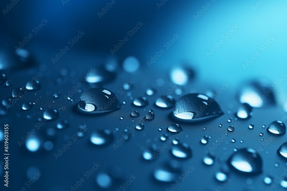 Tranquil deep blue background featuring mesmerizing water droplets and gradients. Generative AI