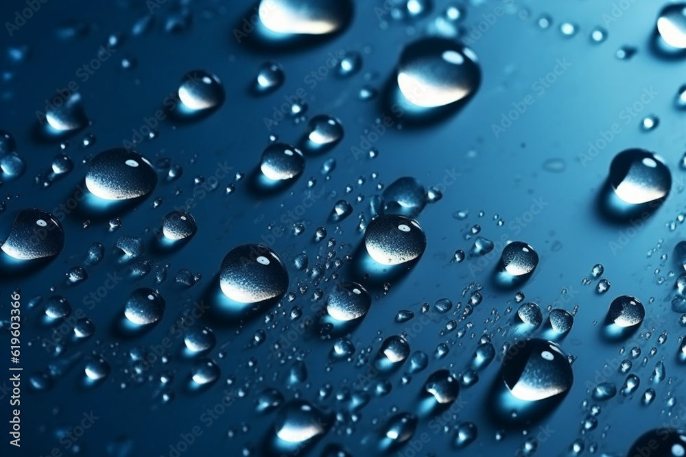 Water drops on a deep blue background with gradation and highlights Generative AI