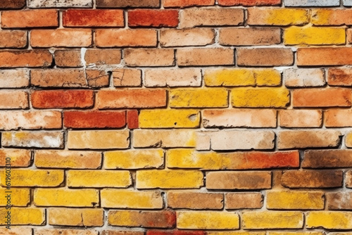 Vintage yellow and red brick wall, seamless pattern texture background. Generative AI