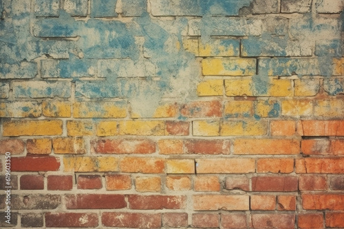 Vintage-inspired seamless pattern texture with a weathered yellow and red brick wall. Generative AI