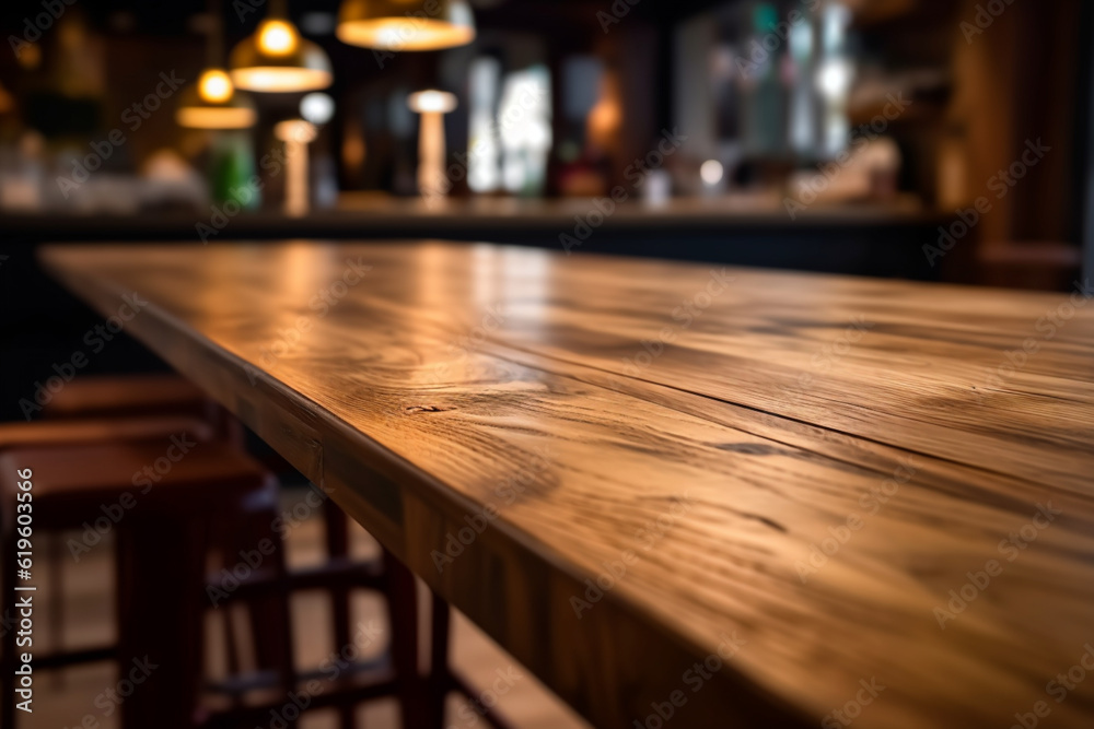 Wooden table's surface against a blurred restaurant bar interior. Generative AI