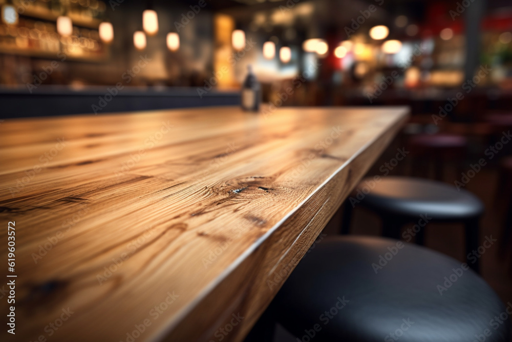 Wooden table's surface against a blurred restaurant bar interior. Generative AI