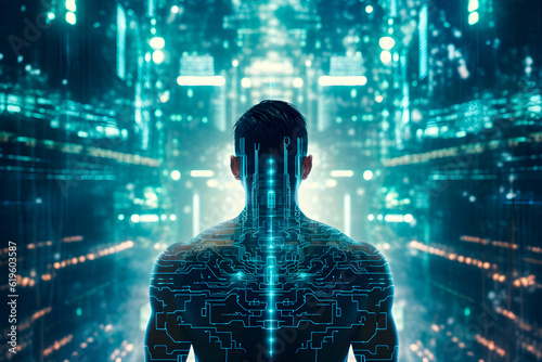 Futuristic Android in the middle of  floating digital network conections metaverse. Big data,  science, artificial intelligence, technology, innovation. AI rendering wallpaper. photo
