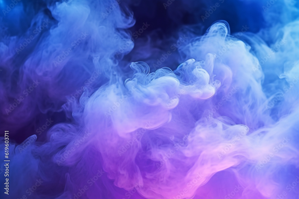 A mesmerizing spectacle of purple and blue searchlights amidst swirling smoke. Generative AI