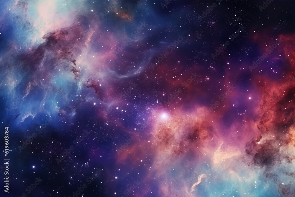 Fototapeta premium Abstract cosmic backdrop showcasing a universe filled with stars, nebulae, and galaxies. Generative AI
