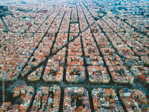 Aerial view over Barcelona where you see the city