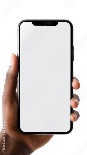 White blank screen on an iPhone 14 held by a well manicured hand, great for phone app mockups, placeholders, templates for ads