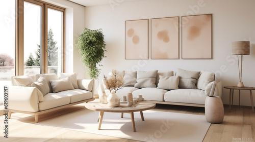 Swedish modern living room with wall art, potted plant, cushions, throw pillows, off-white and light wood color scheme