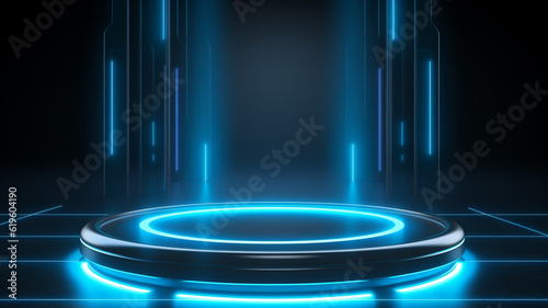 Futuristic abstract blue neon light product background stage or podium pedestal on grunge street floor with glow spotlight and blank display platform. 3D rendering
