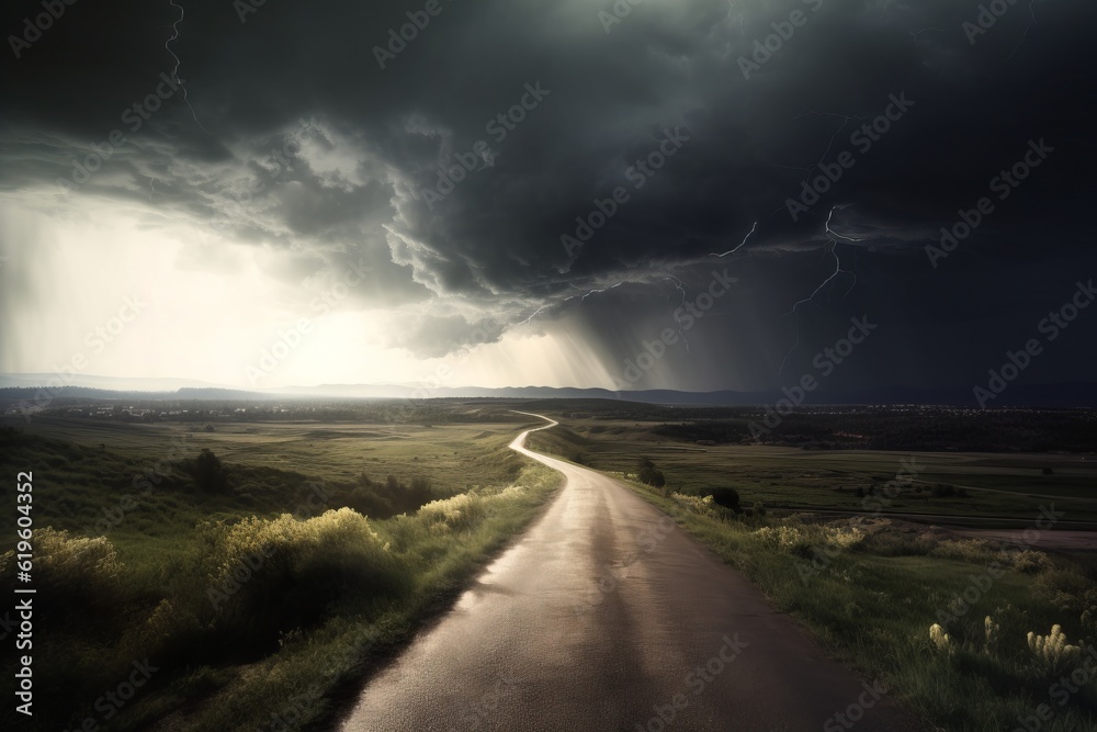 driving on the road, Photographic Exploration of an Asphalt Street in Bad Weather, Rainy Storm Flashing Amidst a Dark Landscape, Leading to a Far Destination of a Beautiful Scene, Lightning