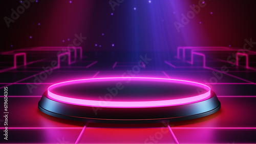 Colorful technology stage stand on modern 3d podium light product pedestal display background of futuristic show platform neon scene space studio room or empty presentation tech led concept backdrop