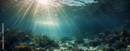 underwater scene with rays of light, Underwater Light Erupts from the Ocean Background, Illuminated by the Radiant Sun, in a Visually Poetic Display of Teal and White, Creating a Captivating © Ben