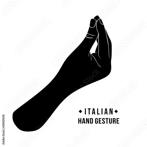 Italian pinecone hand gesture. Italian delicious food with hand gesture. Hand drawn black silhouette isolated on white background. Pinched Fingers vector icon