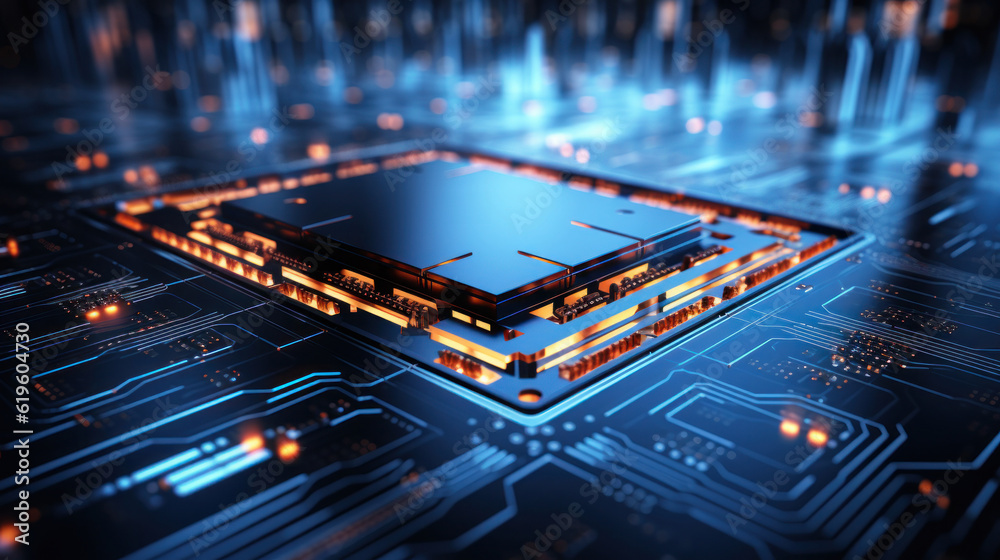 Fototapeta premium Abstract microchip technology background with room for AI or other text